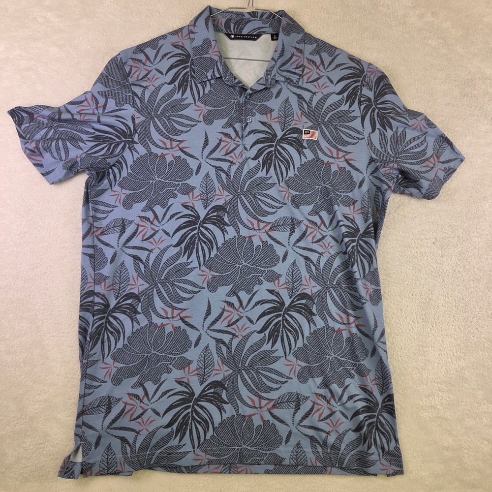 TravisMathew Mens XL Blue Tropical Palm Floral Short Sleeve Golf Polo Shirt